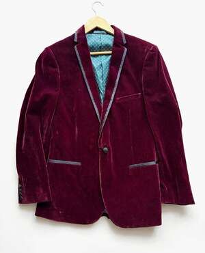 Paisley & Gray Men's 42R Slim Burgundy Velvet Blazer 1-Button Notch Lapel
